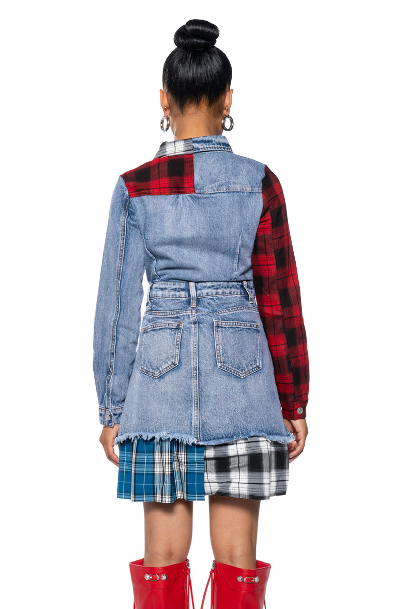 PATCHWORK PLAID DENIM MINI DRESS