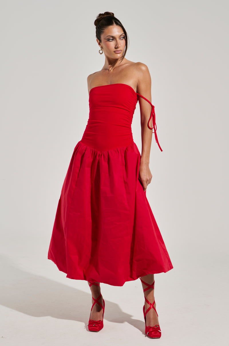 SITTING PRETTY POPLIN MIDI DRESS IN RED