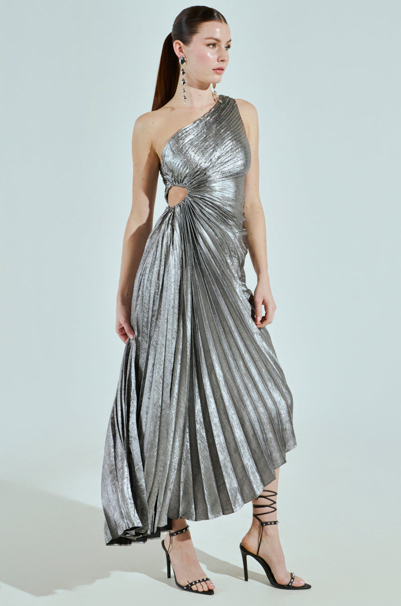 A LITTLE PARTY PLEATED MIDI DRESS IN SILVER