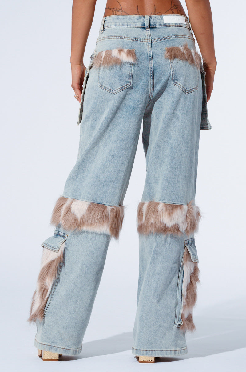 FUR DENIM CARGO PANTS