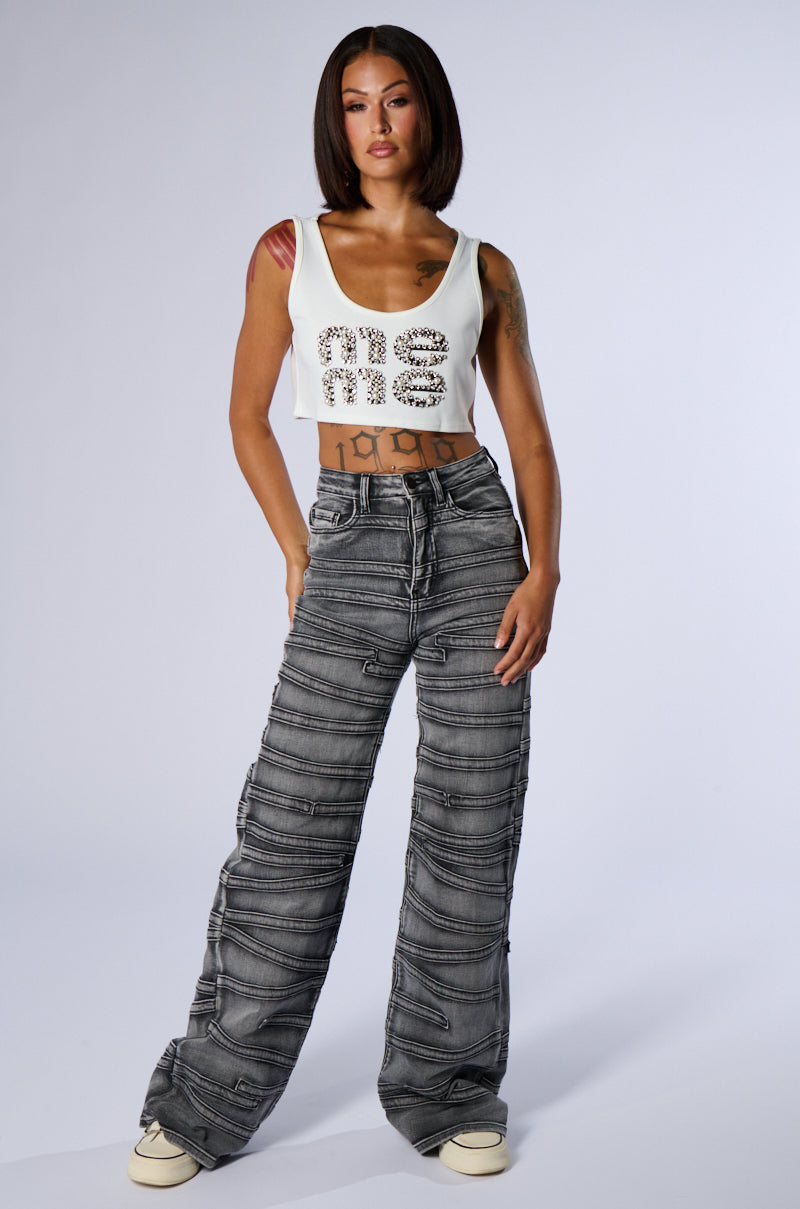 ALL ABOUT ME CROPPED SLEEVELESS T SHIRT