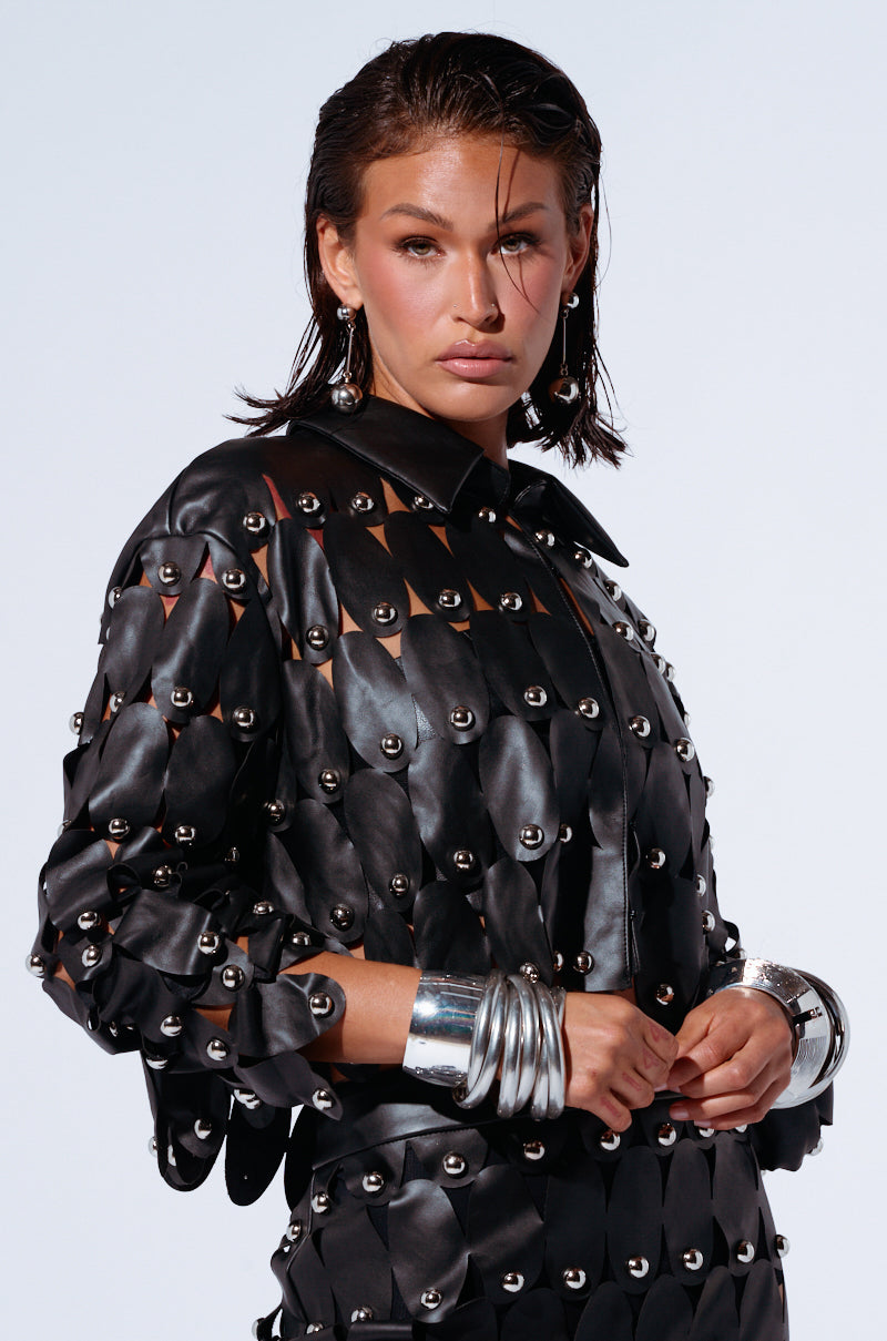 THE SNEAK PEEK STUDDED PU BLOUSE IN BLACK