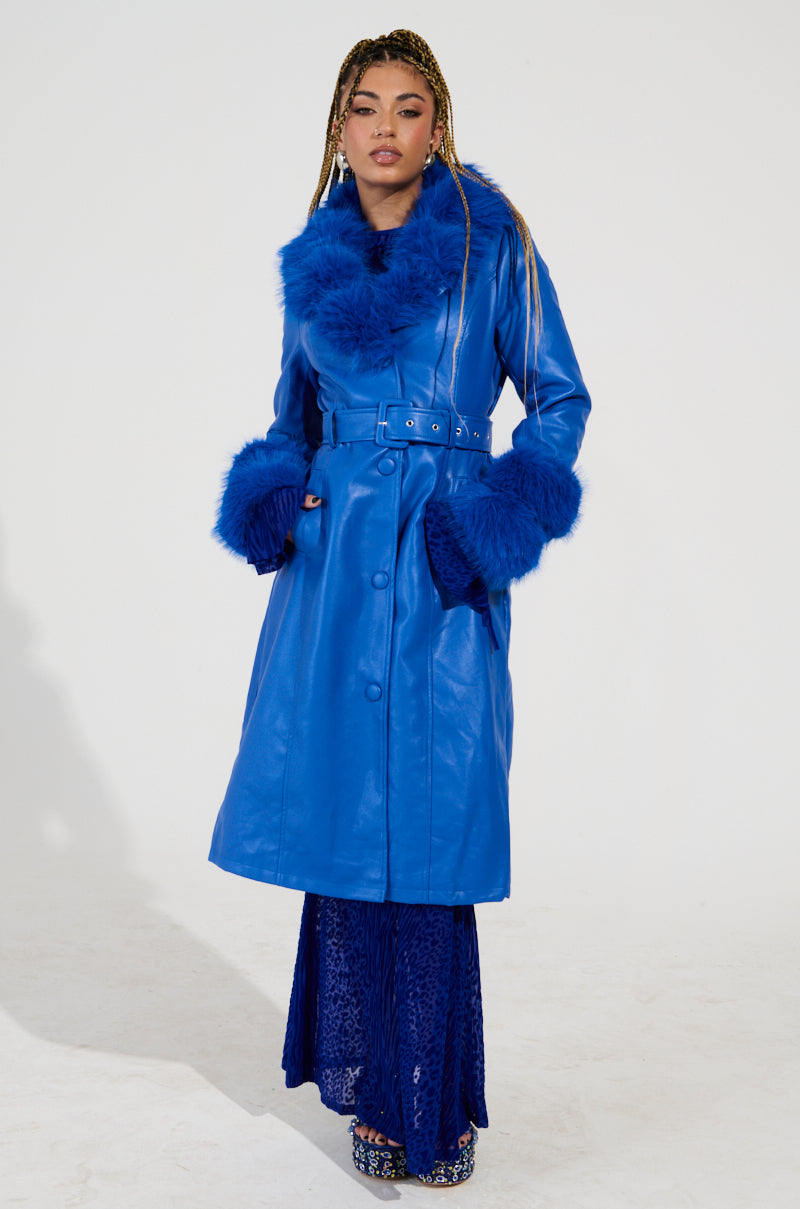 NEW KAYA FUR LINED TRENCH IN BLUE