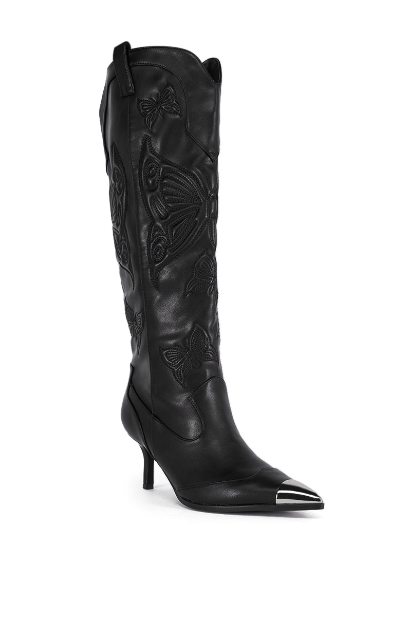 AZALEA WANG FLORYAN BLACK WESTERN BOOT WITH SILVER TOE CAP