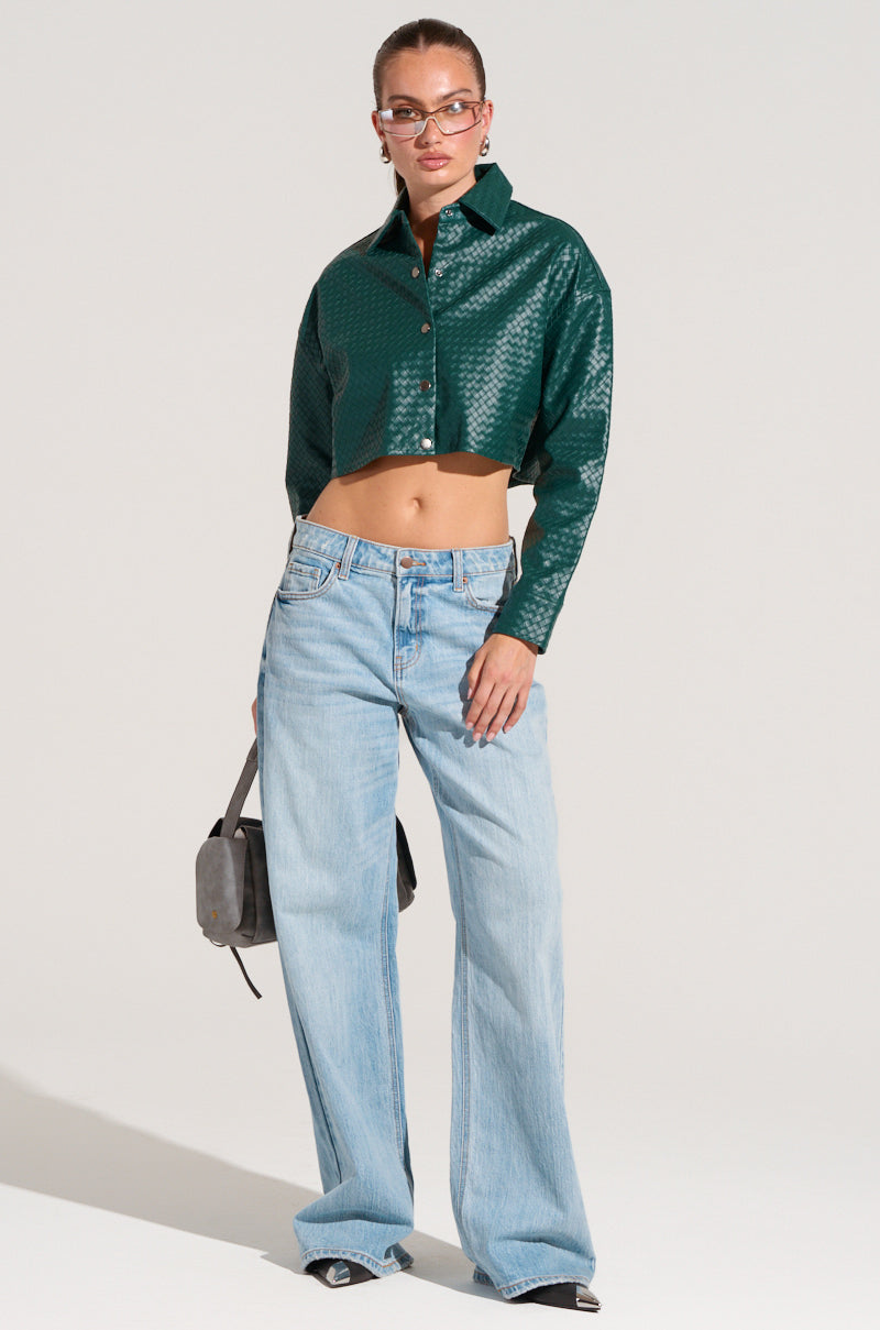 LUXURY GIRL WOVEN PU CROPPED SHIRT IN GREEN