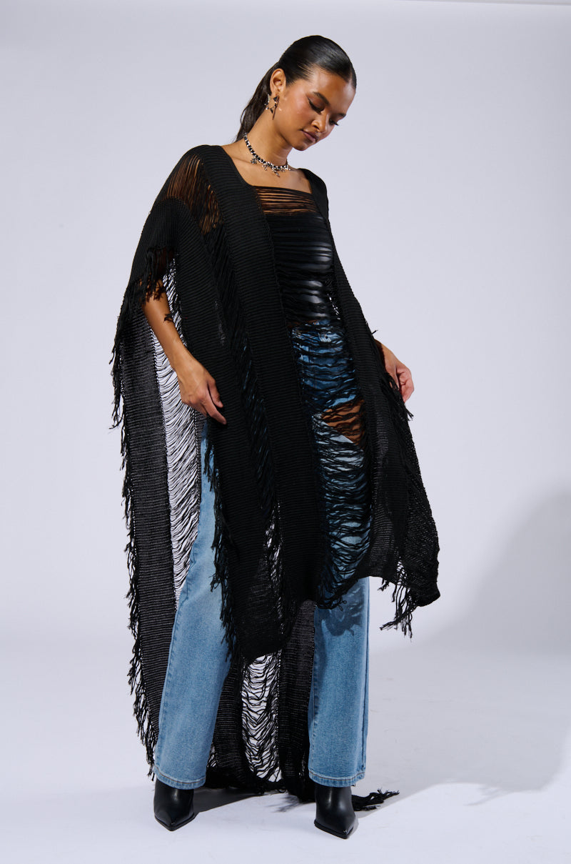 GOOD VIBES DISTRESSED PONCHO IN BLACK