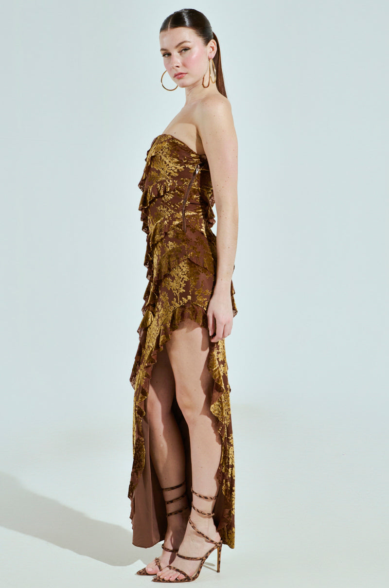 CYRUS VELVET MAXI DRESS IN BROWN