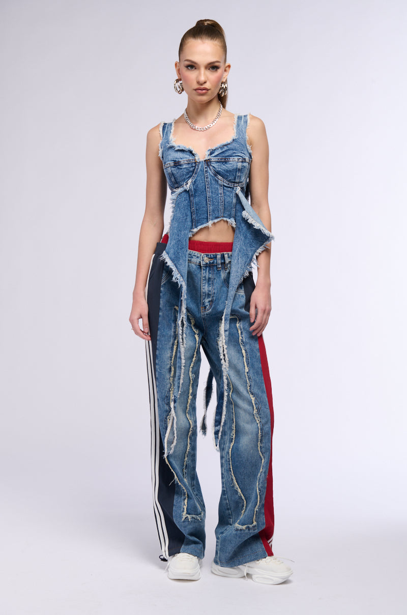 ALL AROUND THE WORLD PATCHWORK DENIM JOGGER PANT IN RED MULTI