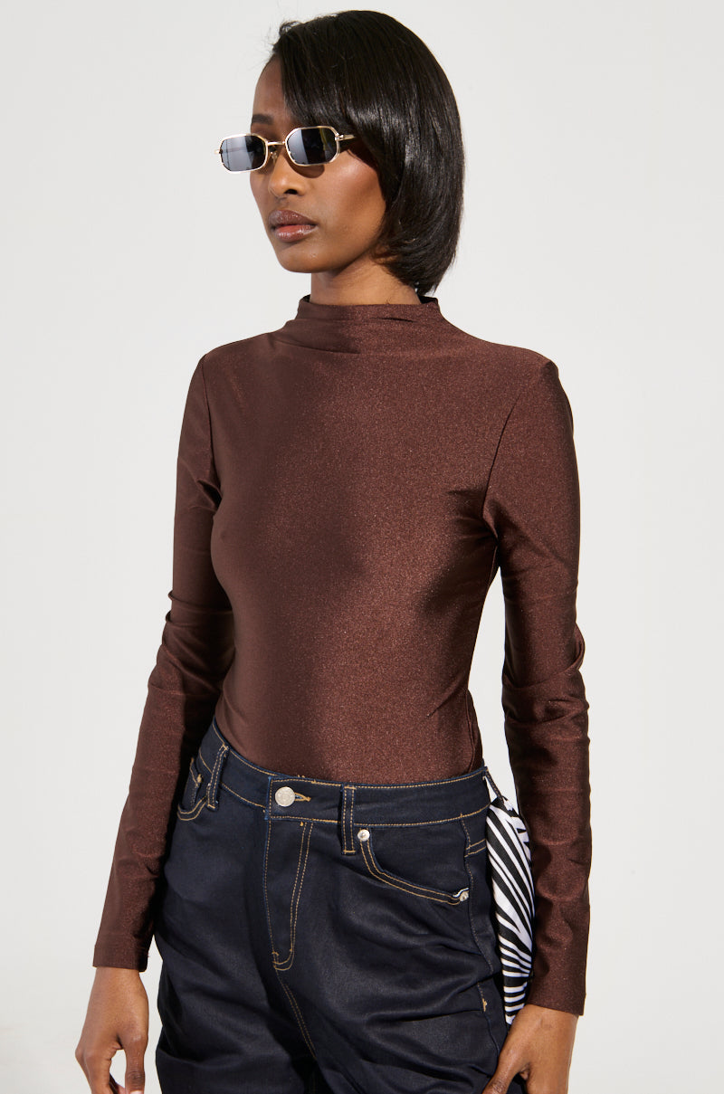 PAXTON DISCO LONG SLEEVE MOCK NECK BODYSUIT IN BROWN