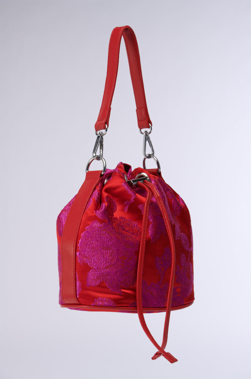 ELEGANCE IS KEY BROCADE BUCKET BAG