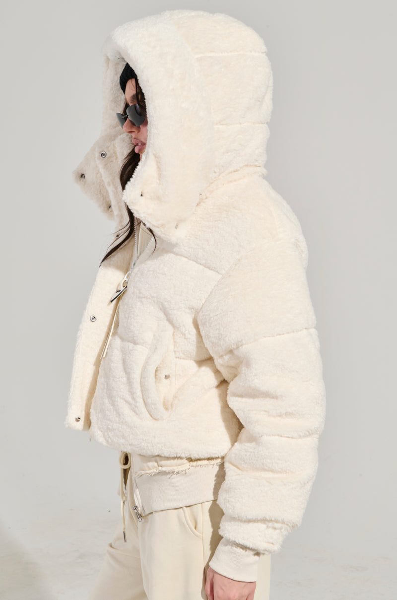 MARDIE FUZZY BEIGE HOODED PUFFER