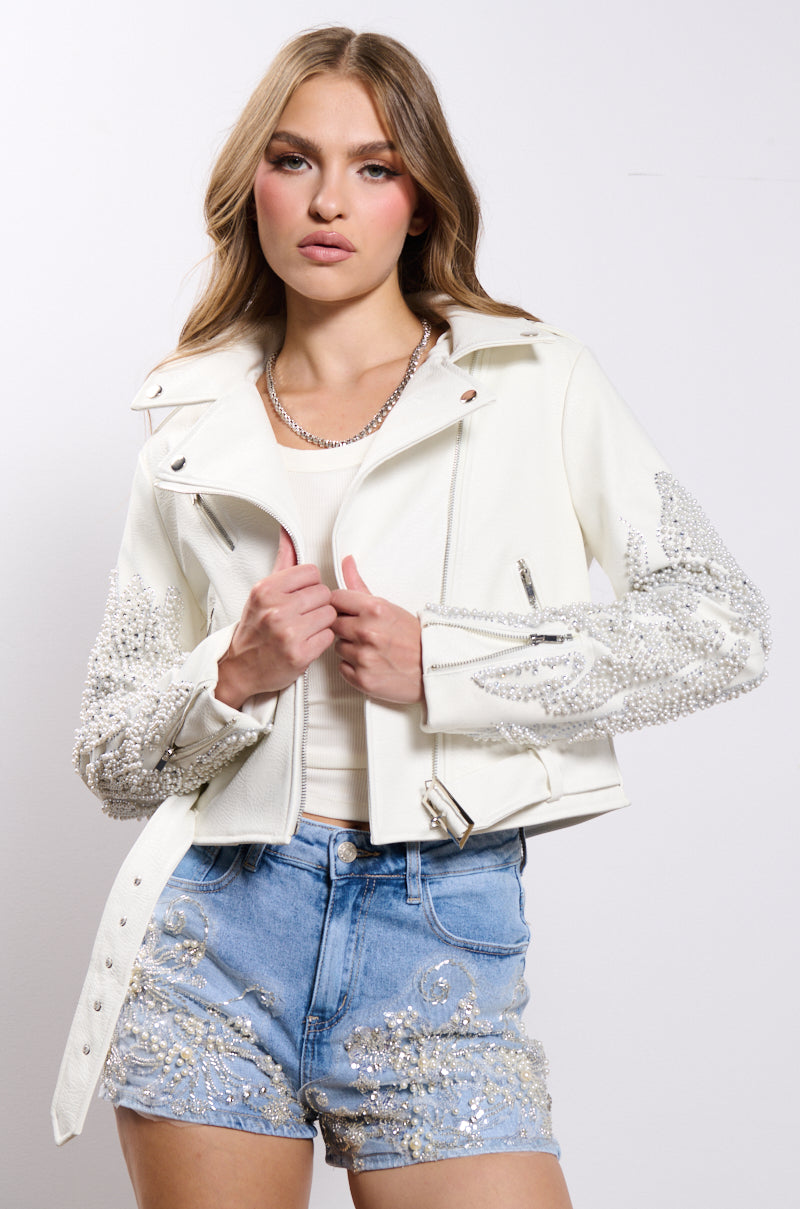 PEARL AND RHINESTONE SLEEVE FAUX LEATHER MOTO JACKET