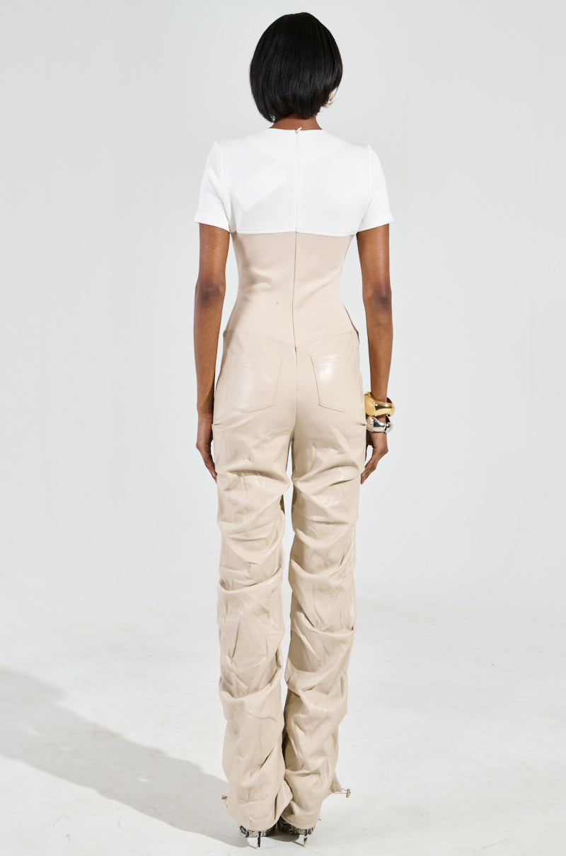 CHARLI STACKED PU JUMPSUIT IN IVORY