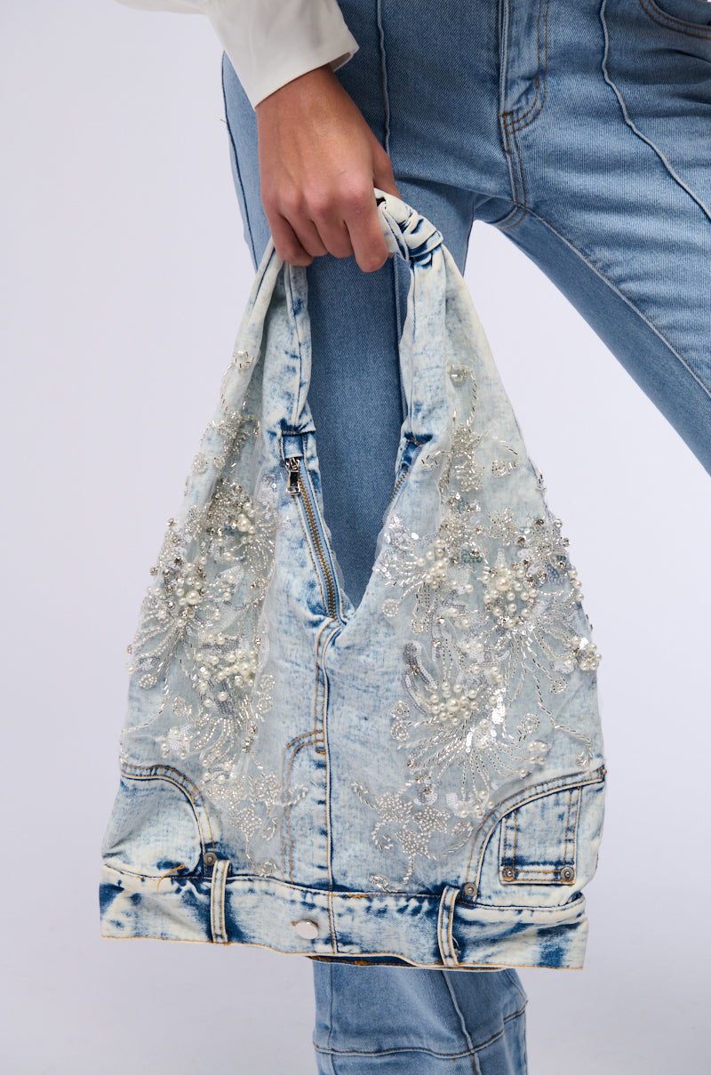 BLESSING IN DENIM EMBELLISHED SHOULDER BAG