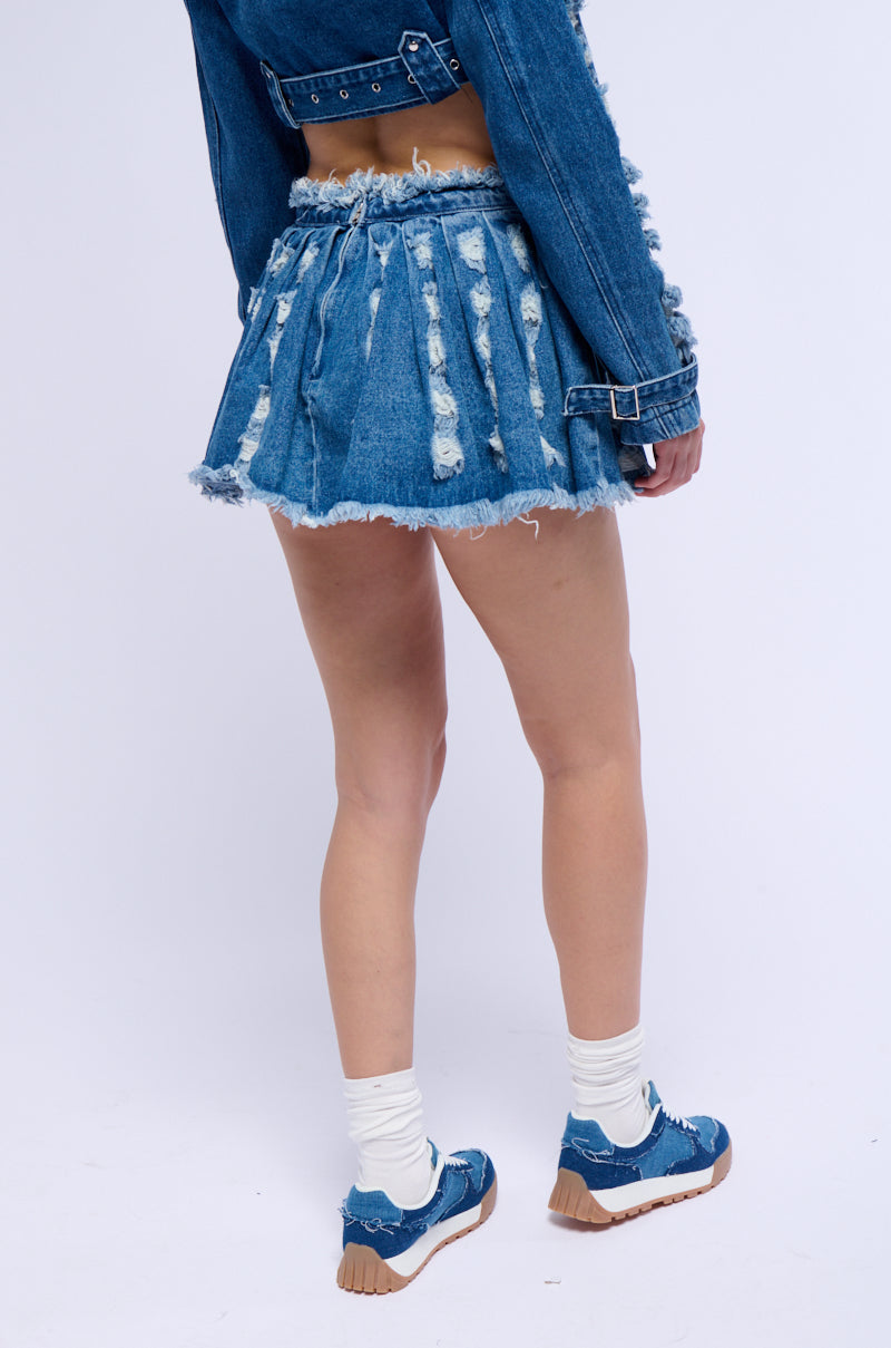 STRESSED OUT CUT OUT PLEATED DENIM MINI SKIRT