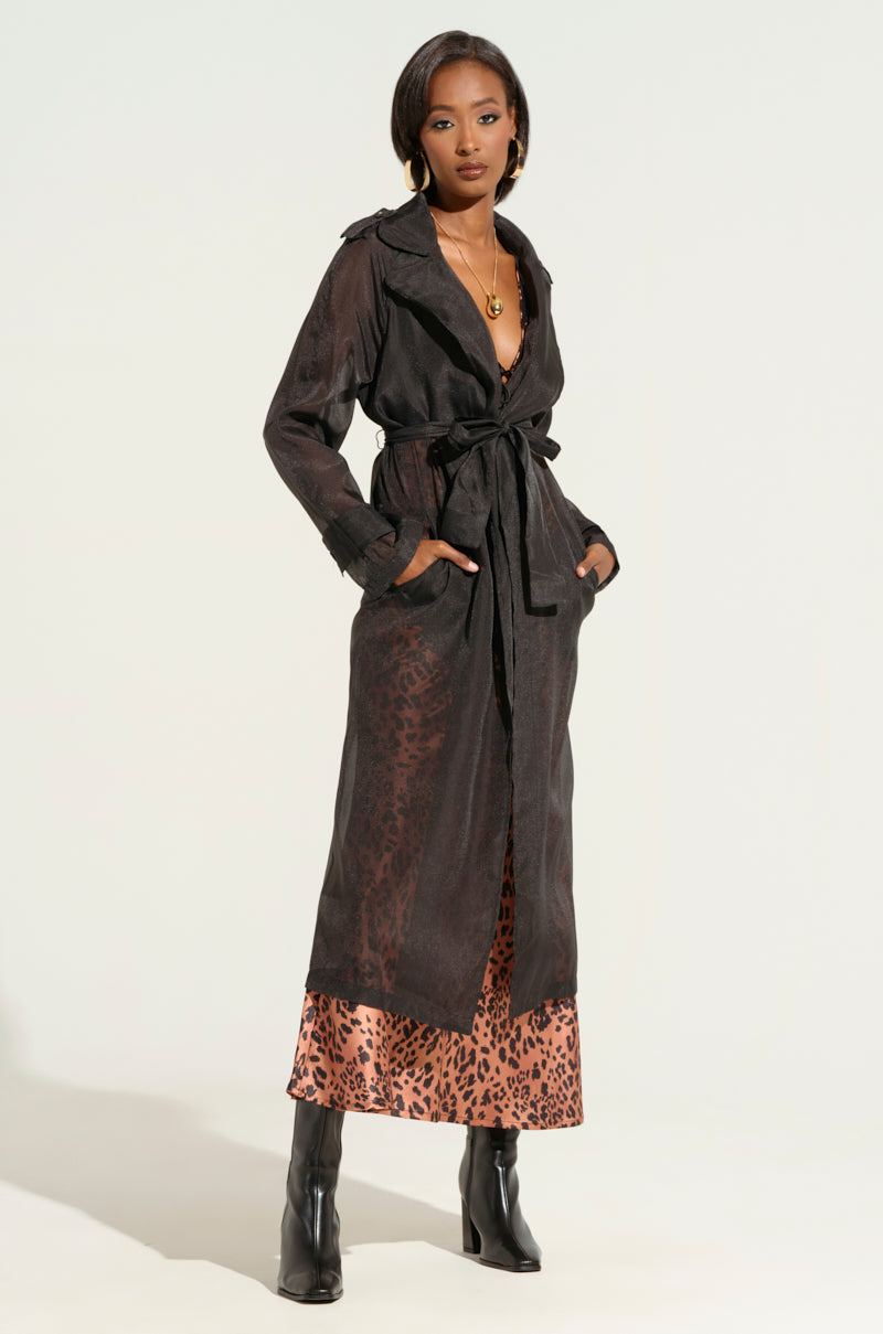 CHIFFON CHATEAU LONG TRENCH IN BLACK