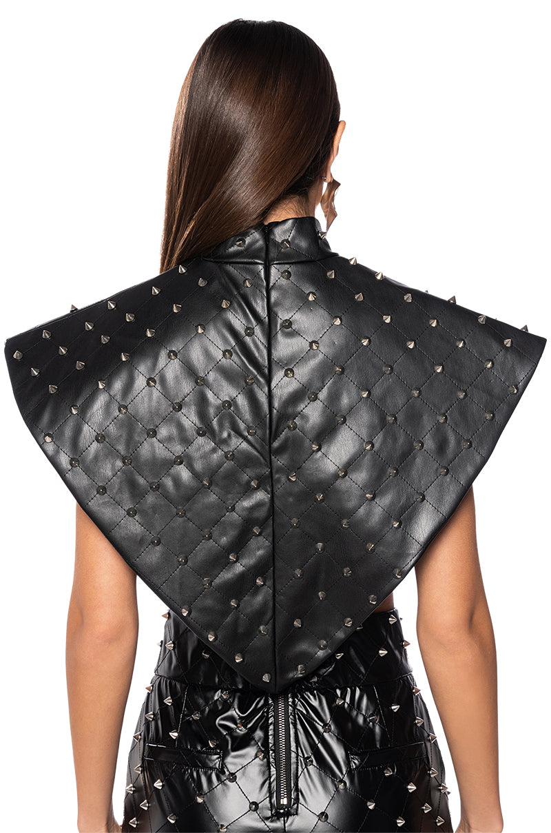 ARIA FAUX LEATHER STUD MOCK NECK TRIANGLE BLOUSE