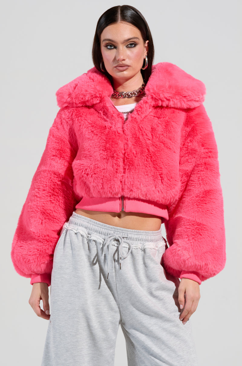 DREW FAUX FUR BOMBER IN HOT PINK