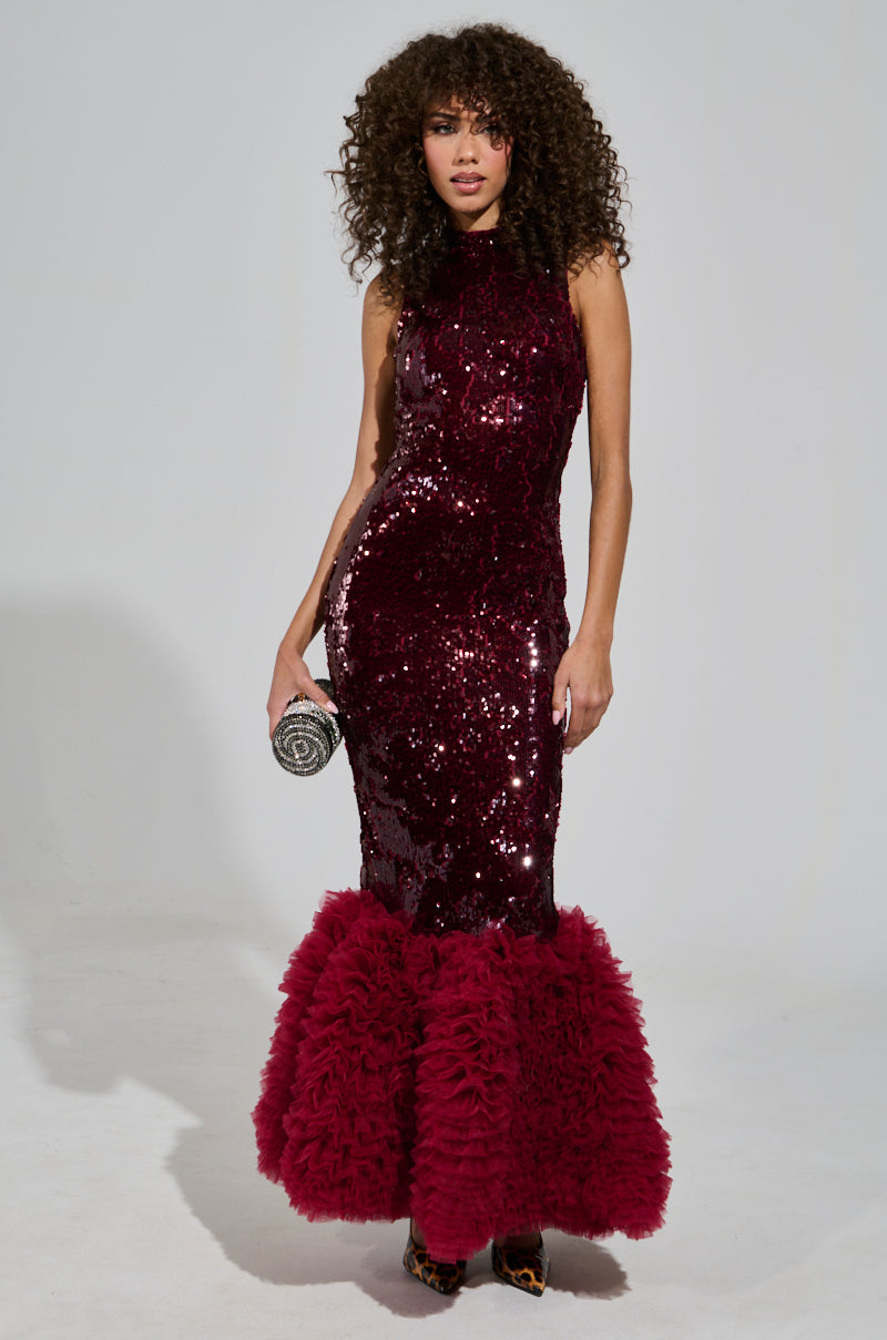 BELLE OF THE BALL SEQUIN RUFFLE MAXI DRESS