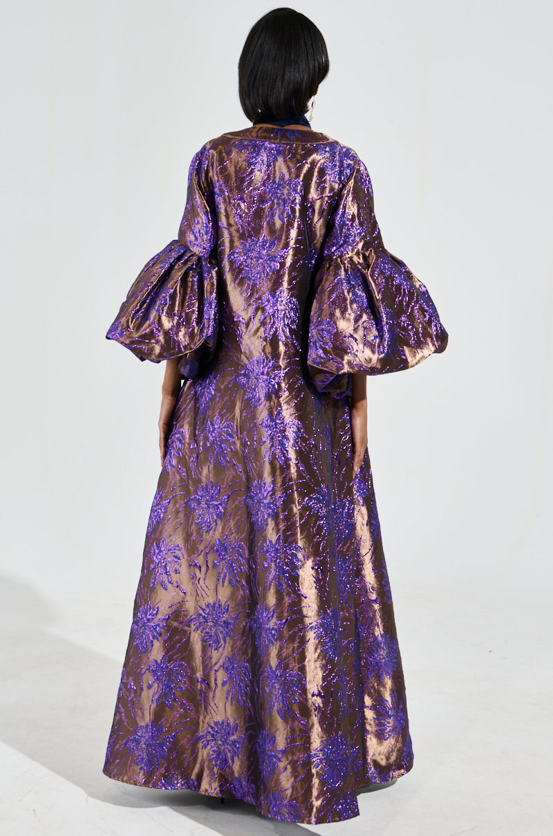 MALDIVES BROCADE PUFF SLEEVE DUSTER IN PURPLE