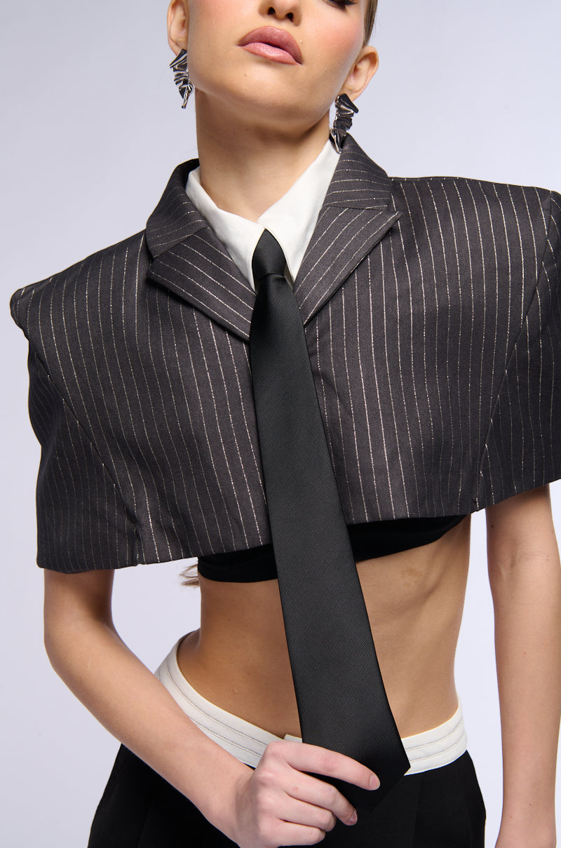 BEST IN BUSINESS PINSTRIPE CROP TIE TOP