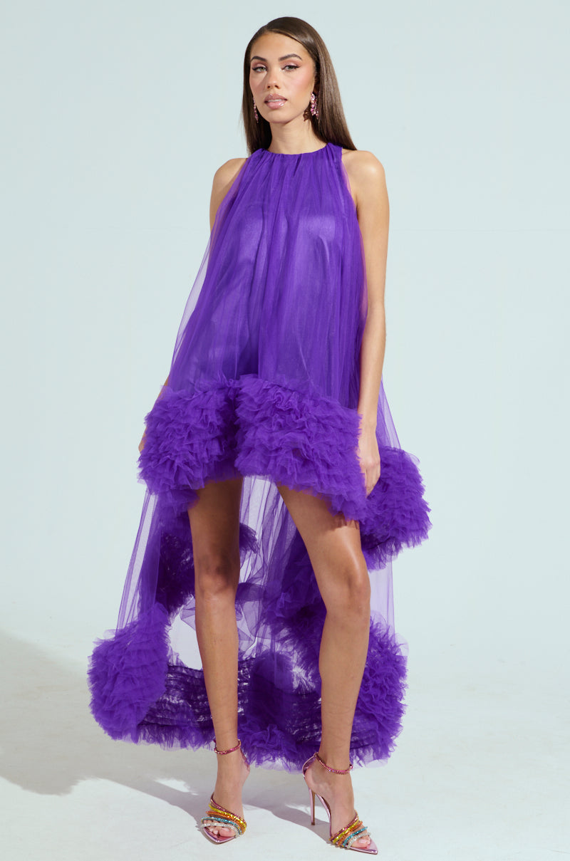 ARI TULLE RUFFLE HIGH LOW DRESS IN PURPLE