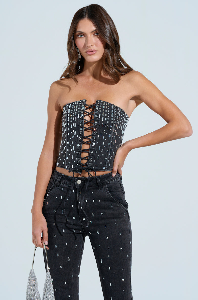 POPSTAR BLACK DENIM CORSET WITH RHINESTONE