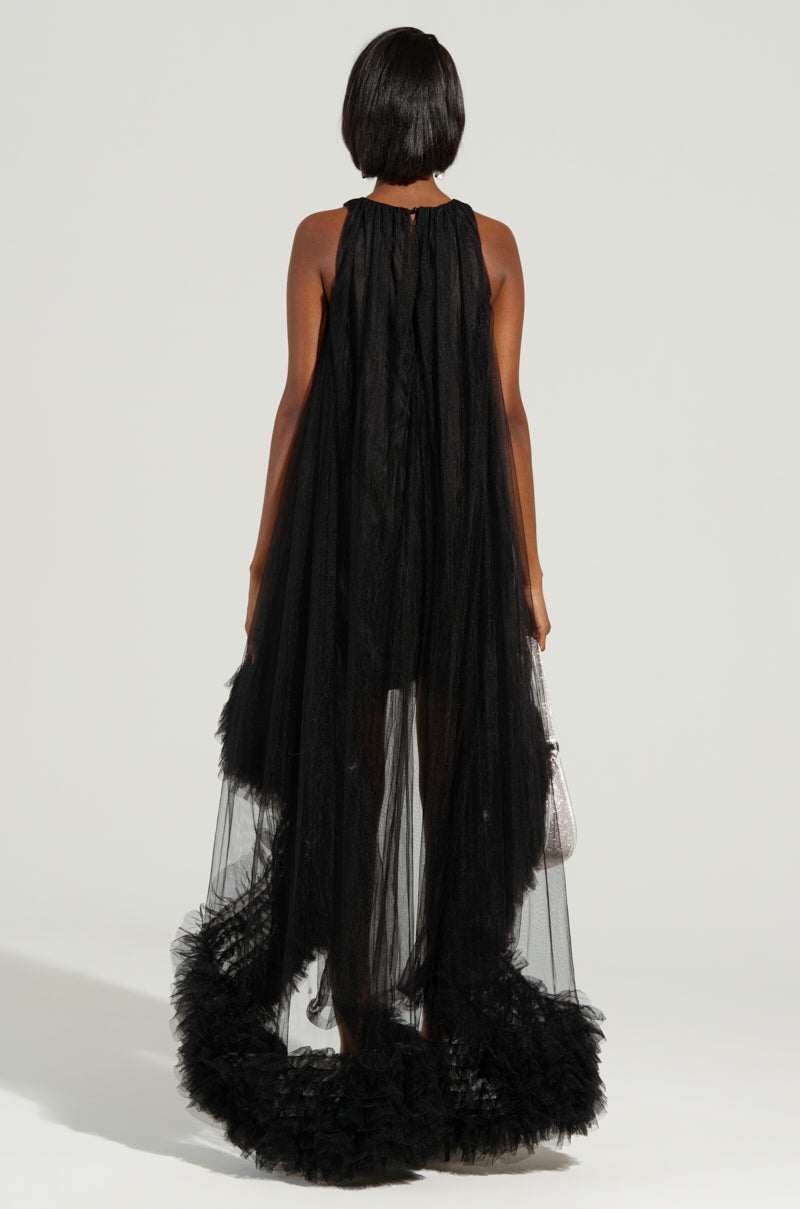 ARI TULLE RUFFLE HIGH LOW DRESS IN BLACK