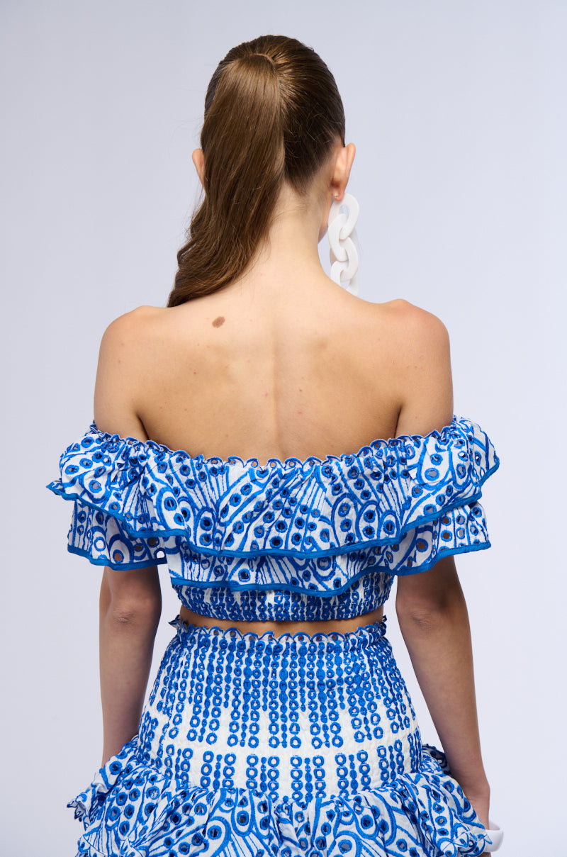 BLUE SUMMER LOVING OFF THE SHOULDER RUFFLE CROP BLOUSE