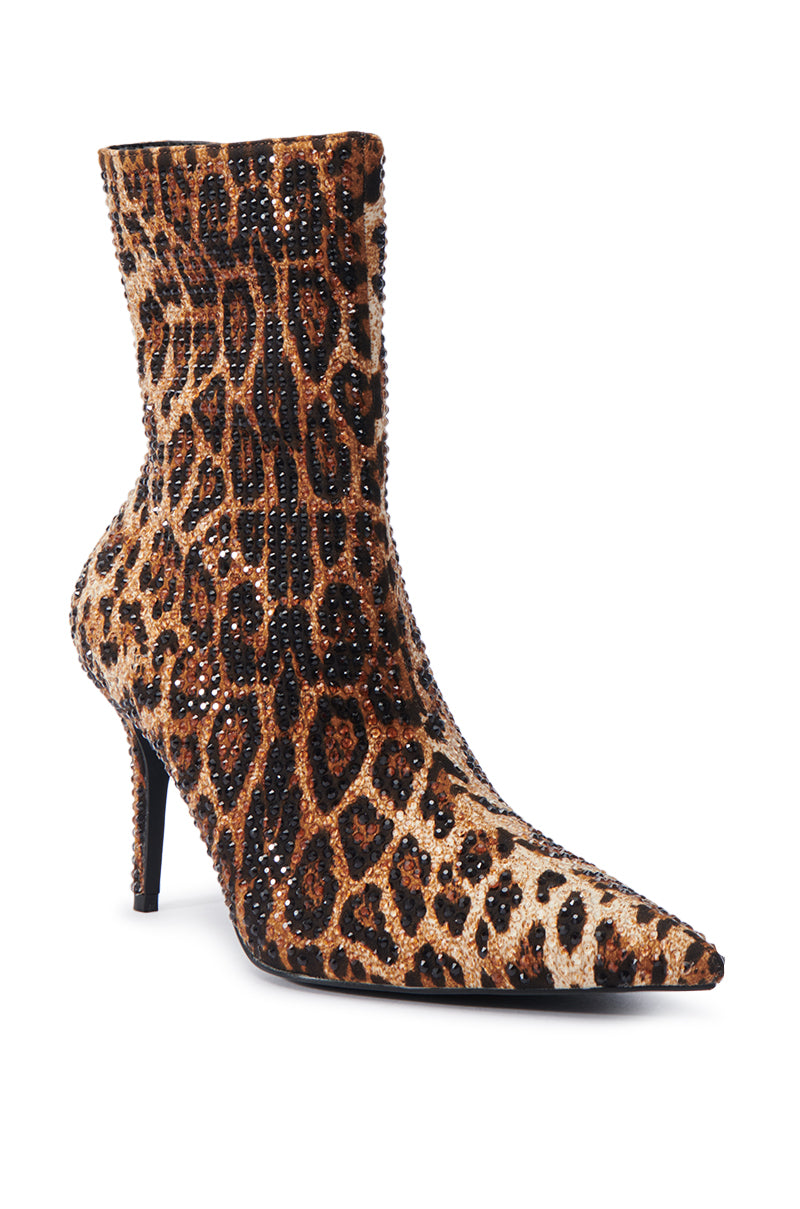 AZALEA WANG CHAUNDRA LEOPARD EMBELLISHED STILETTO BOOTIE