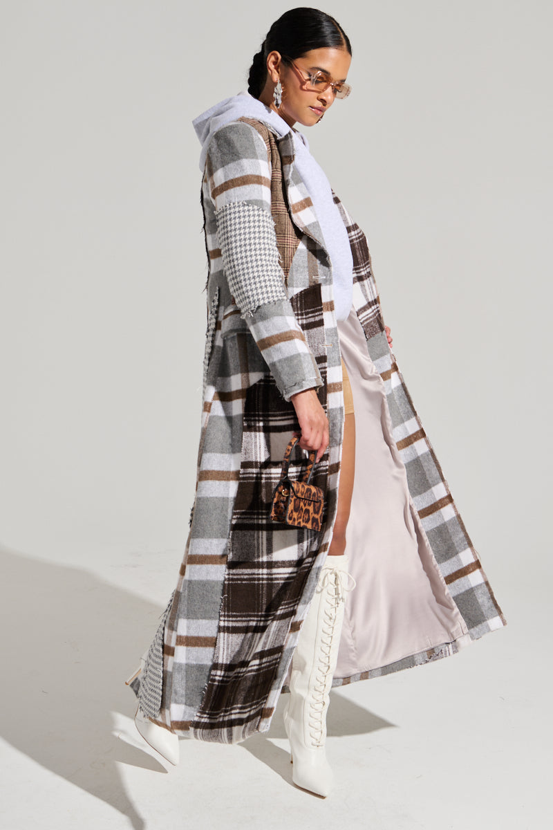 MIXED PLAID NOT FEELINGS PATCHWORK TRENCH