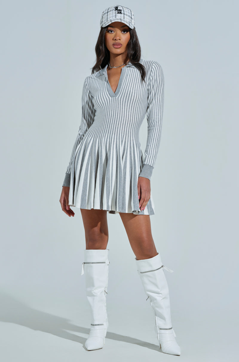 ALINA PLEATED KNIT FIT AND FLARE MINI DRESS WITH LONG SLEEVES