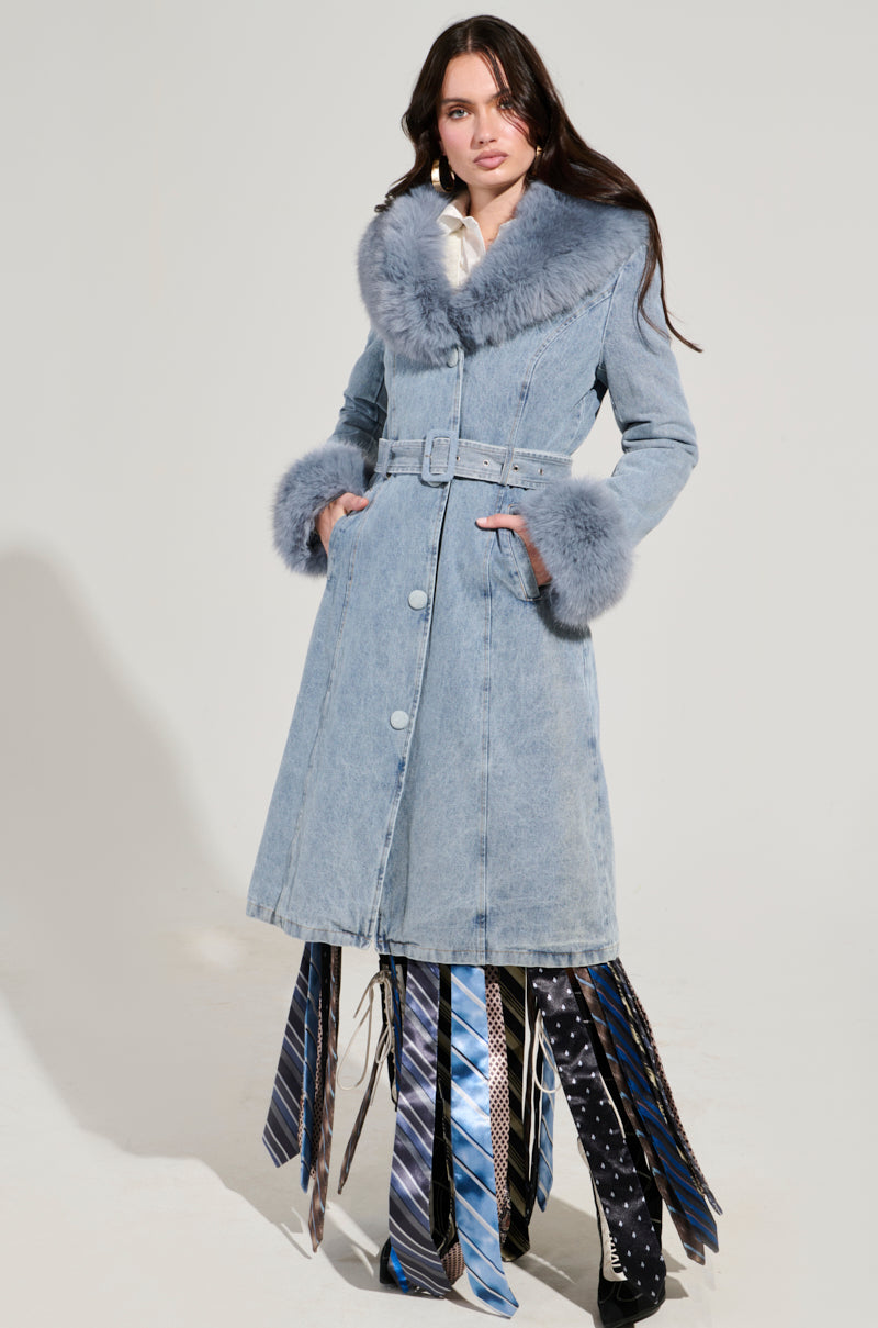 KAYA FUR TRIM TRENCH IN DENIM