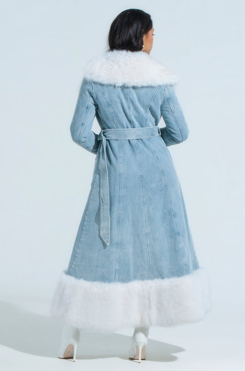 VIVIAN FUR TRIM COAT IN DENIM