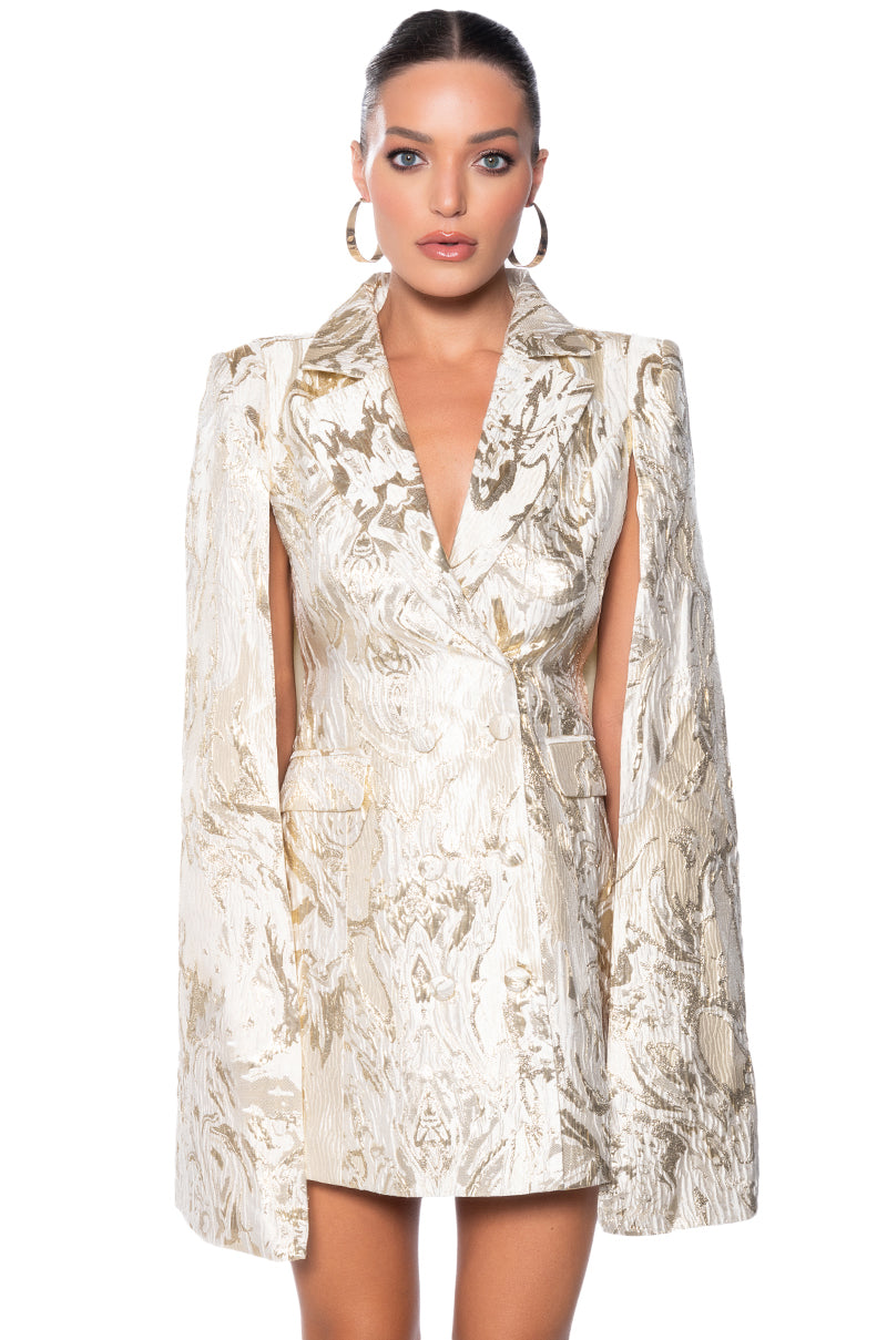 IMANI BROCADE CAPE SLEEVE BLAZER DRESS