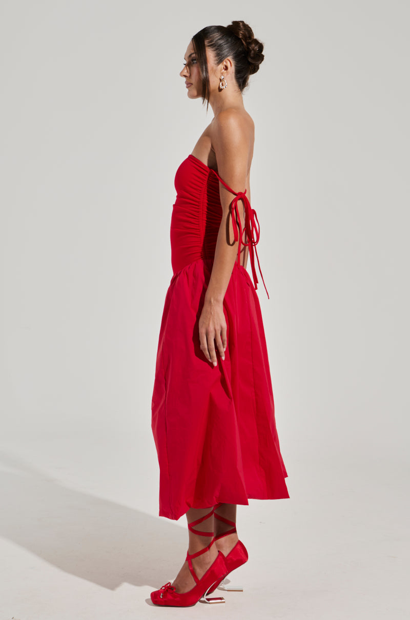 SITTING PRETTY POPLIN MIDI DRESS IN RED