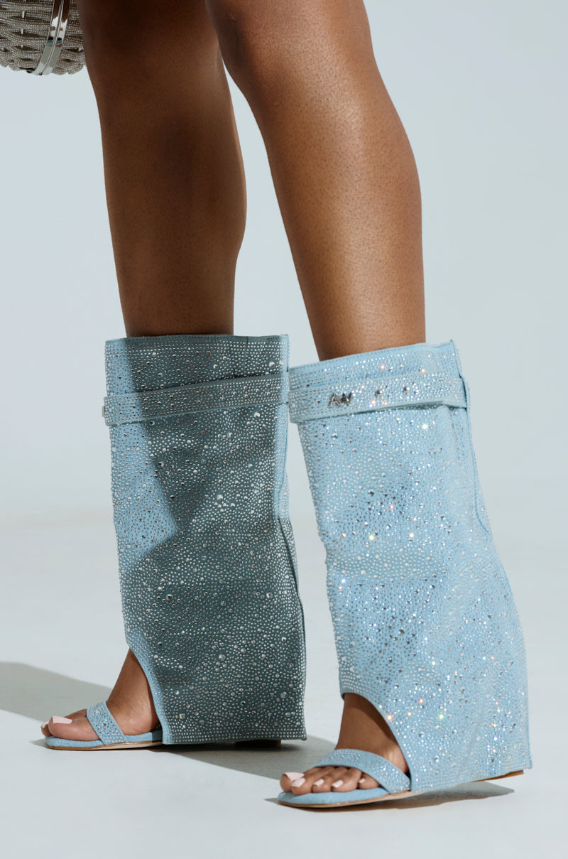 AZALEA WANG DESARAY RHINESTONE OPEN TOE WEDGE BOOTIE