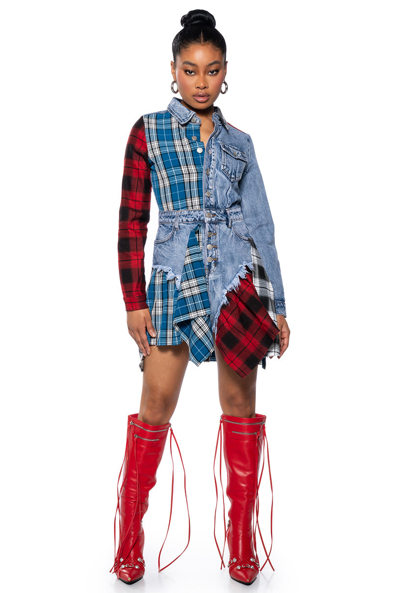 PATCHWORK PLAID DENIM MINI DRESS