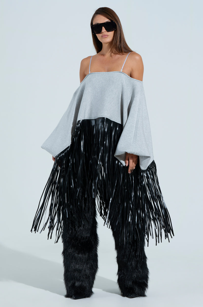 CITY GIRL FAUX LEATHER FRINGE SWEATSHIRT