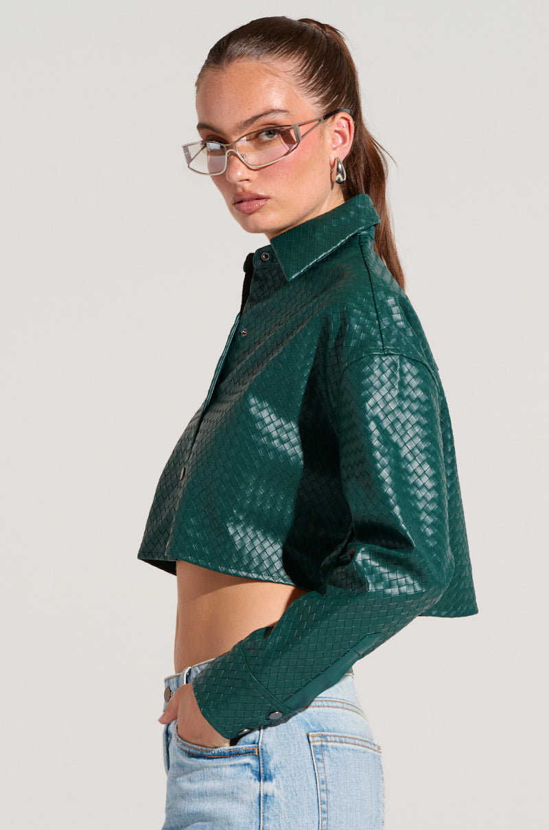 LUXURY GIRL WOVEN PU CROPPED SHIRT IN GREEN