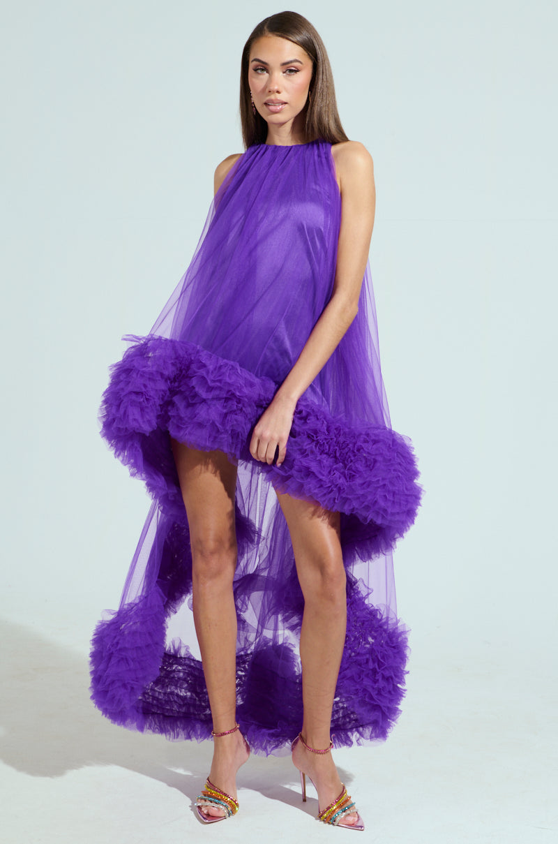 ARI TULLE RUFFLE HIGH LOW DRESS IN PURPLE