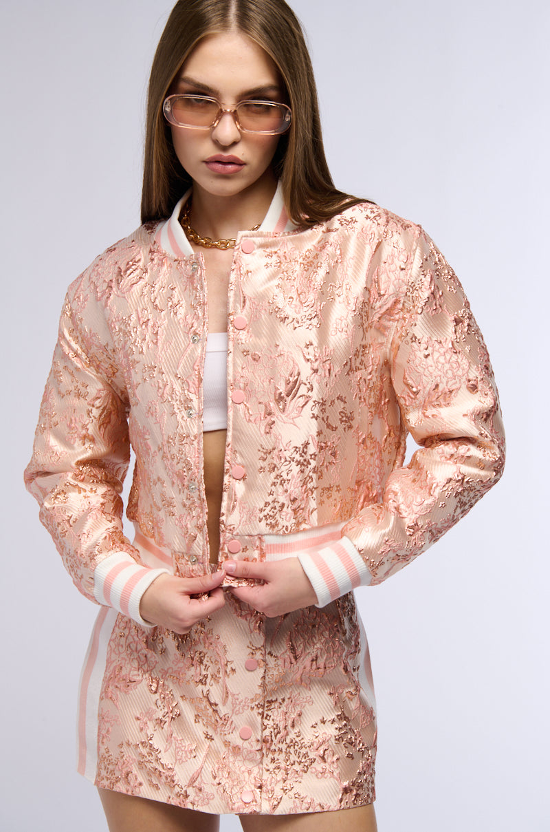 SWEET THING BROCADE BOMBER IN PINK