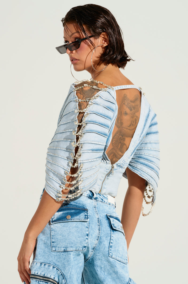 ASHLEE RHINESTONE ENCRUSTED DENIM TOP