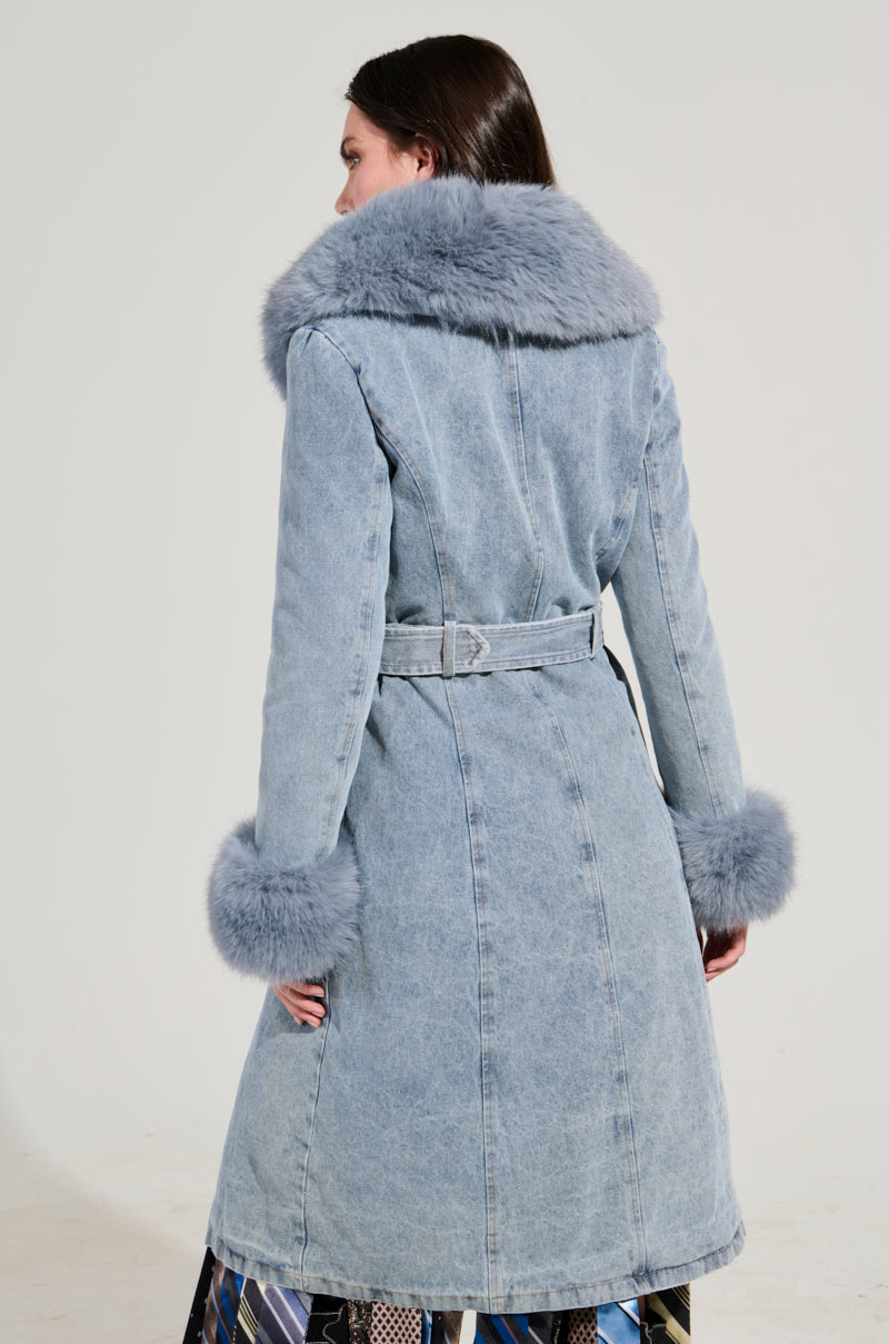 KAYA FUR TRIM TRENCH IN DENIM