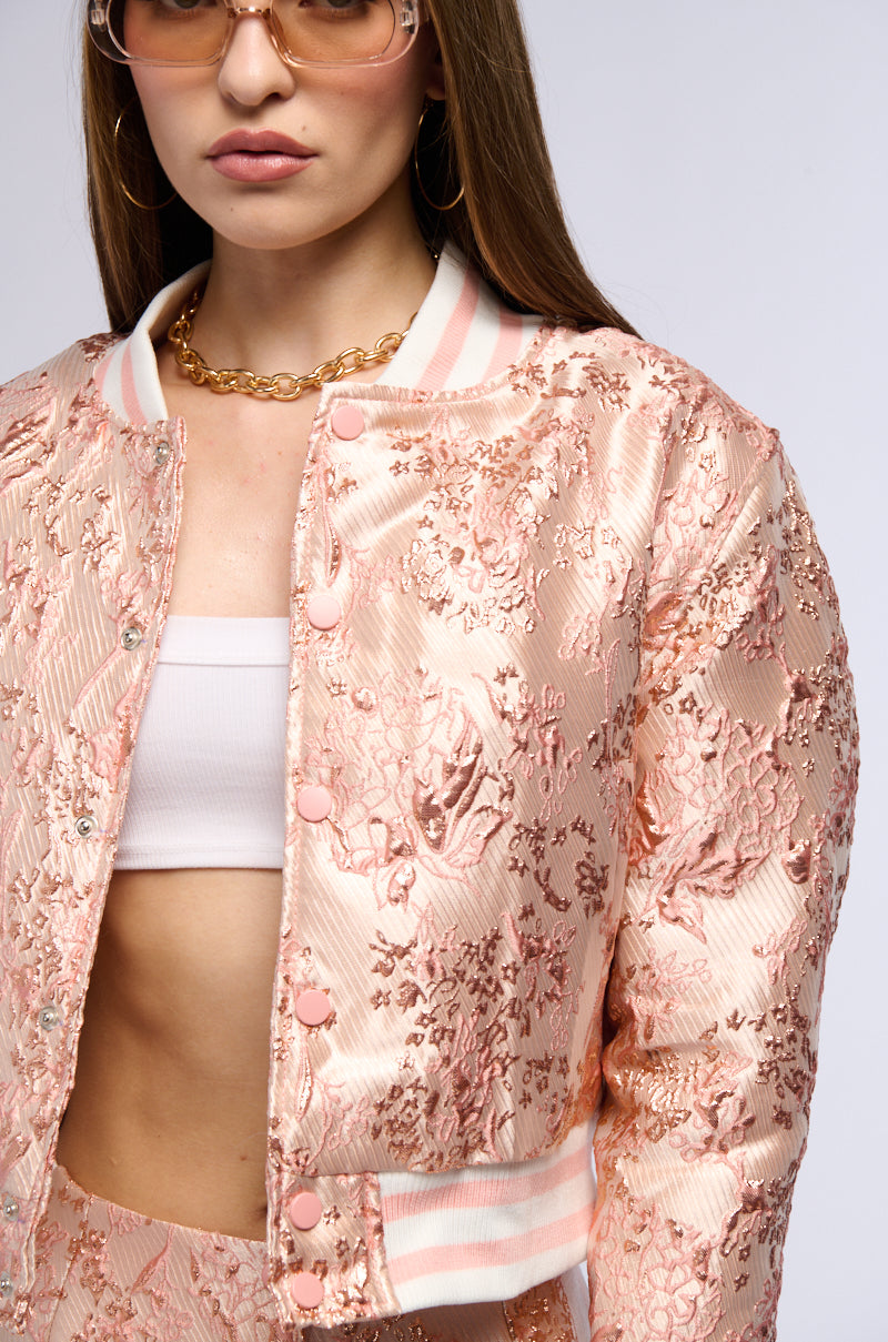 SWEET THING BROCADE BOMBER IN PINK