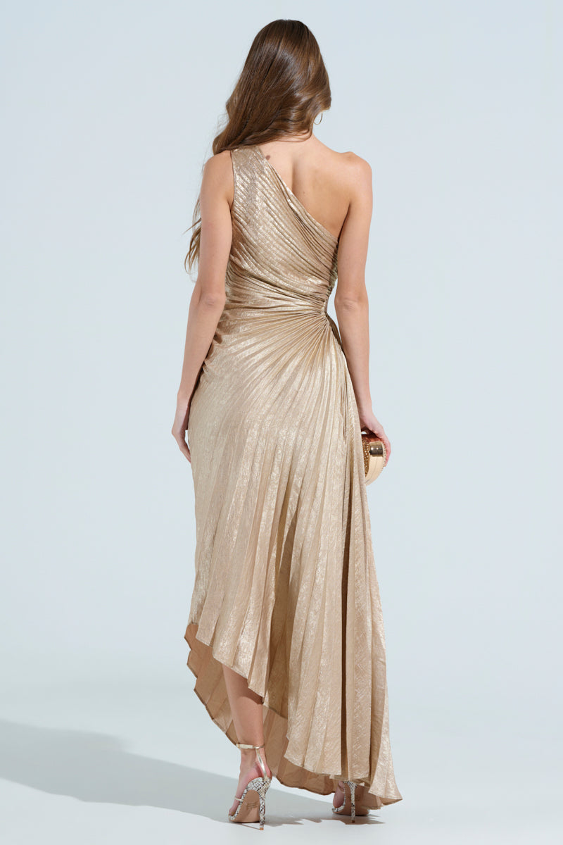 JULIETTE METALLIC PLEATED MIDI DRESS