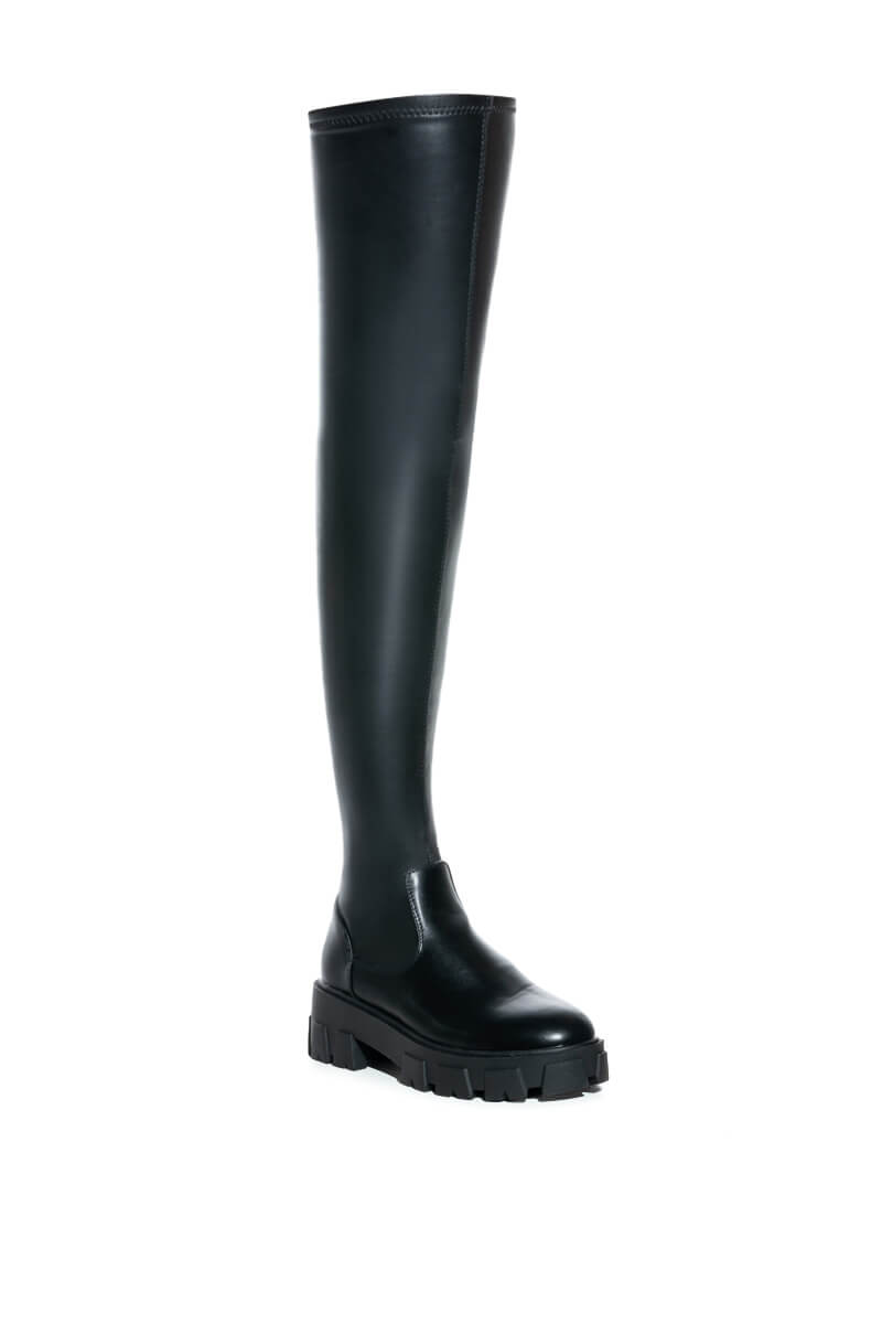 SLIM FIT AZALEA WANG LATE NIGHTS FITTED OVER THE KNEE FLATFORM BOOT WITH 4 WAY STRETCH IN BLACK