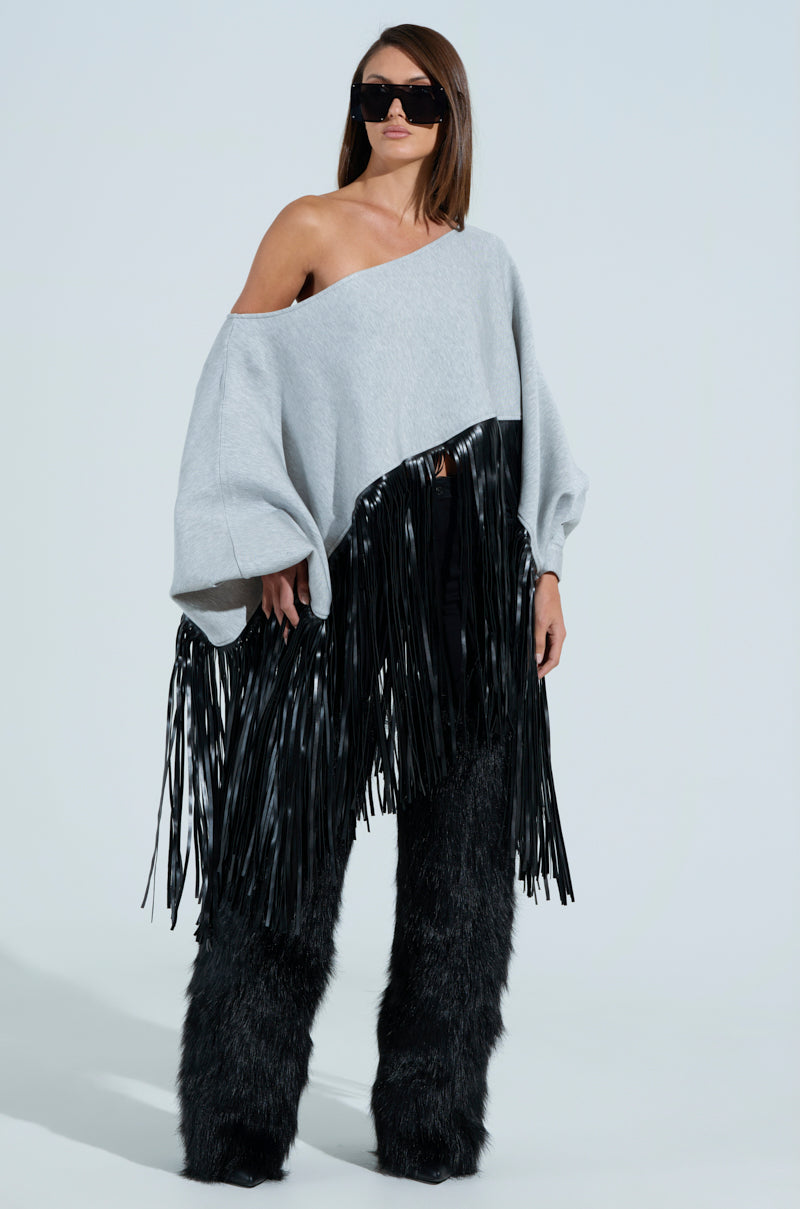 CITY GIRL FAUX LEATHER FRINGE SWEATSHIRT