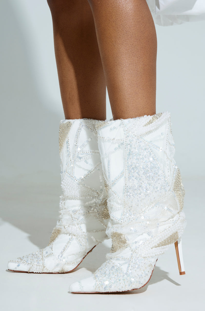 AZALEA MITSKI WHITE SEQUIN OVERLAY BOOTIE