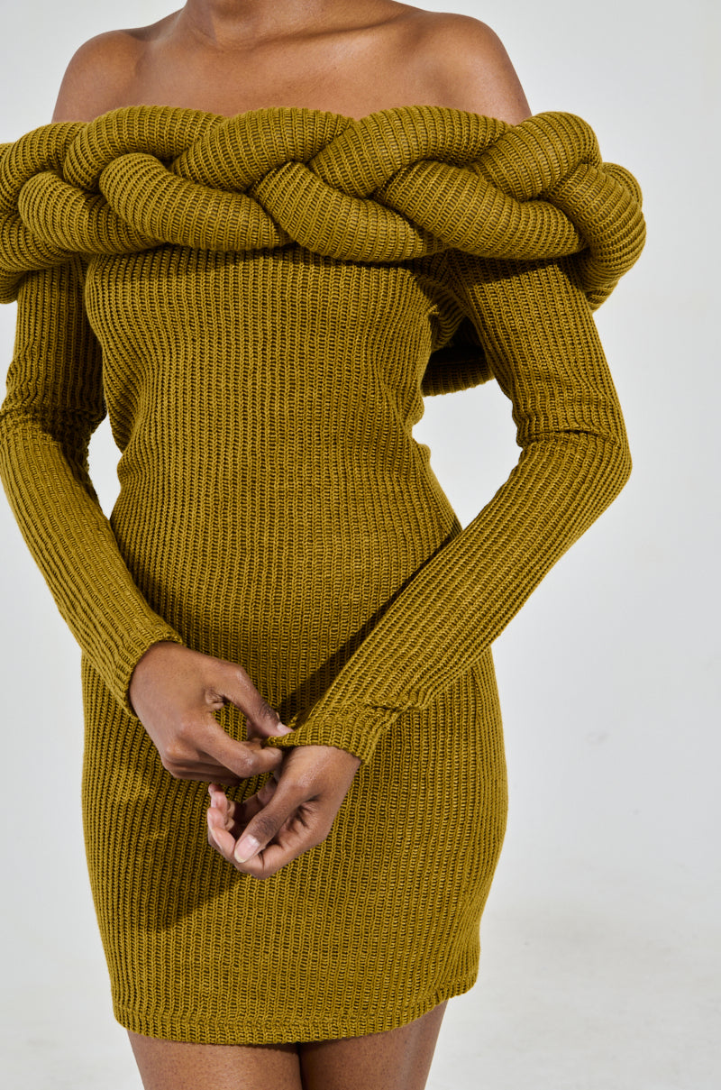 NOT IN THE MOOD KNIT BRAIDED MINI DRESS IN OLIVE